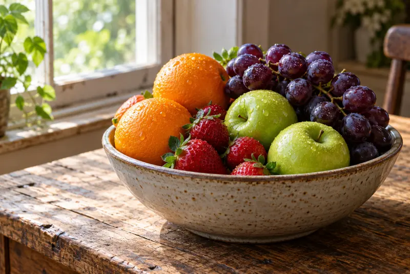 Ceramic bowl of oranges, grapes, green apples and strawberries on a wooden table by a window