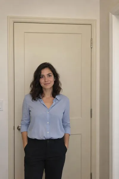 Before: Woman in a blue shirt standing full-length in front of a cream door