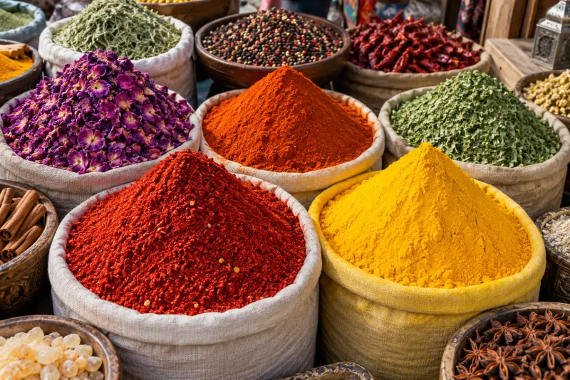 Market sacks heaped with paprika, turmeric, dried rose petals, herbs and peppercorns
